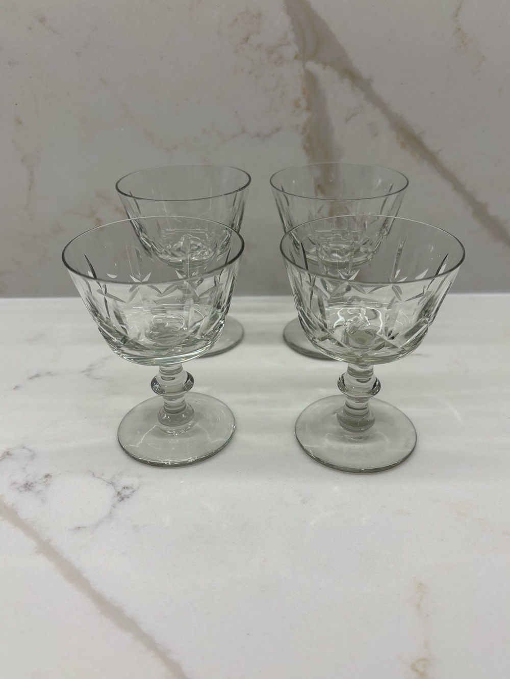 Set of 4 Vintage Cross & Olive Design Crystal Champagne Sherbet Wine Glasses
